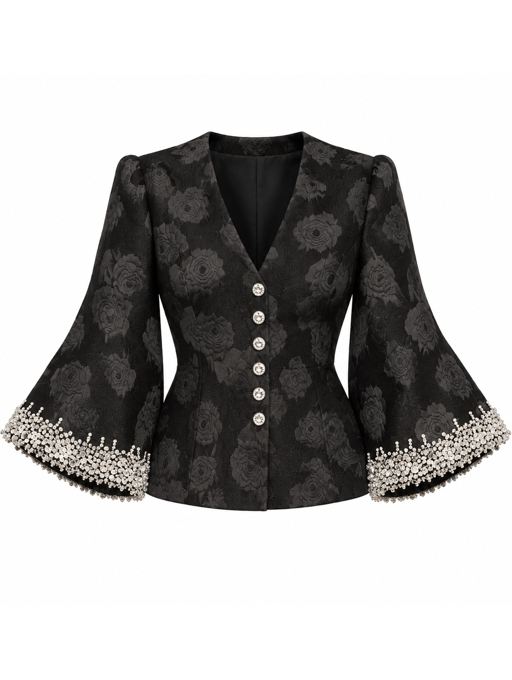 Leon Paule Originals Black Embellished Floral Jacquard Blazer